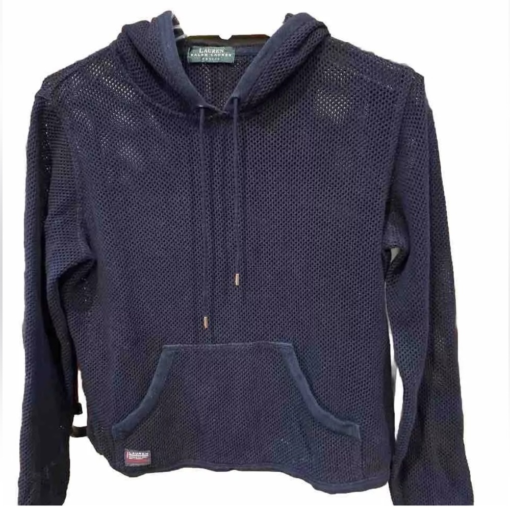 Ralph Lauren BLUE MESH HOODIE beach Pullover Women’s Cover Up Boxy Summer Large
